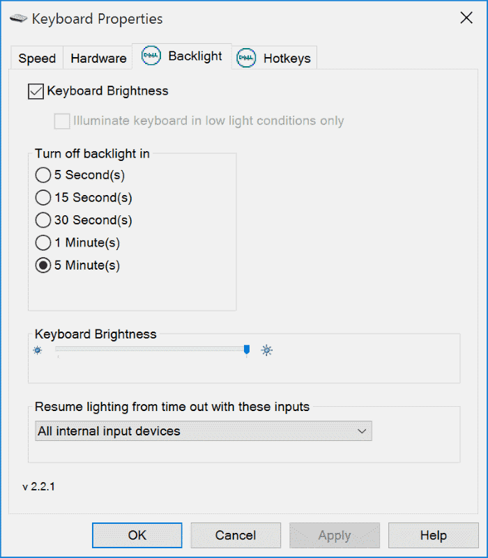 configure Keyboard Backlit Timeout settings for Windows 