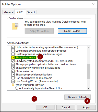 Drive letter missing in Windows File Explorer