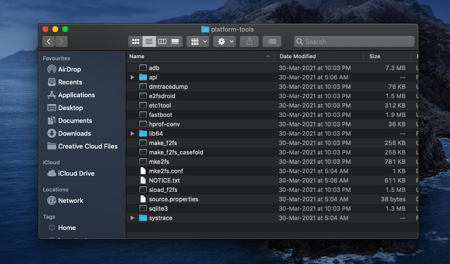 Platform-Tools folder containing ADB and Fastboot binaries on macOSLinux computer